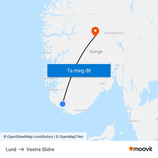 Lund to Vestre Slidre map