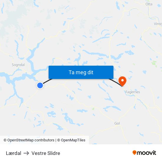 Lærdal to Vestre Slidre map