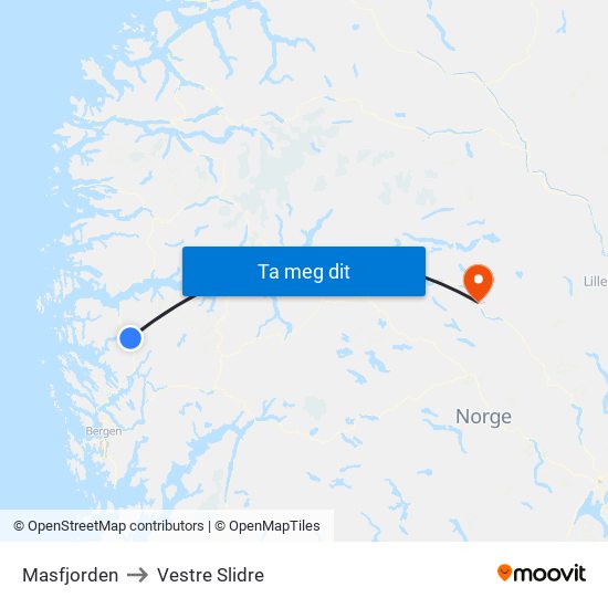 Masfjorden to Vestre Slidre map
