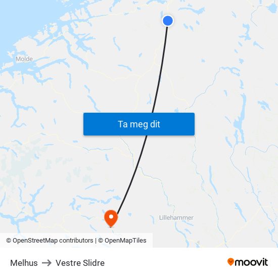 Melhus to Vestre Slidre map