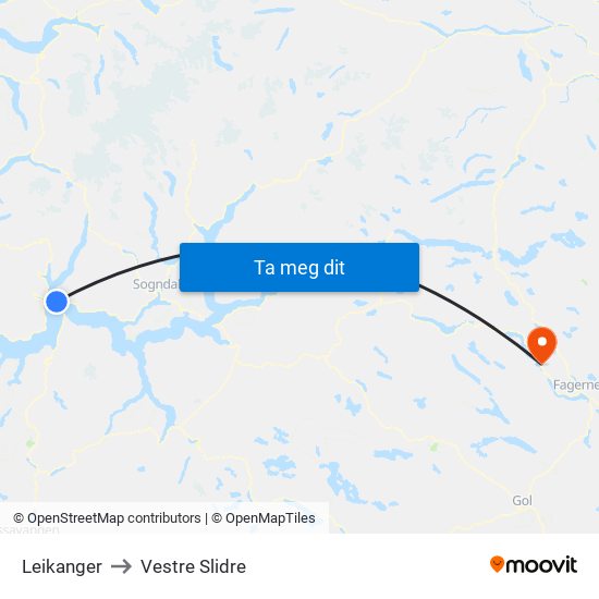 Leikanger to Vestre Slidre map