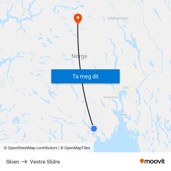 Skien to Vestre Slidre map