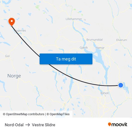 Nord-Odal to Vestre Slidre map