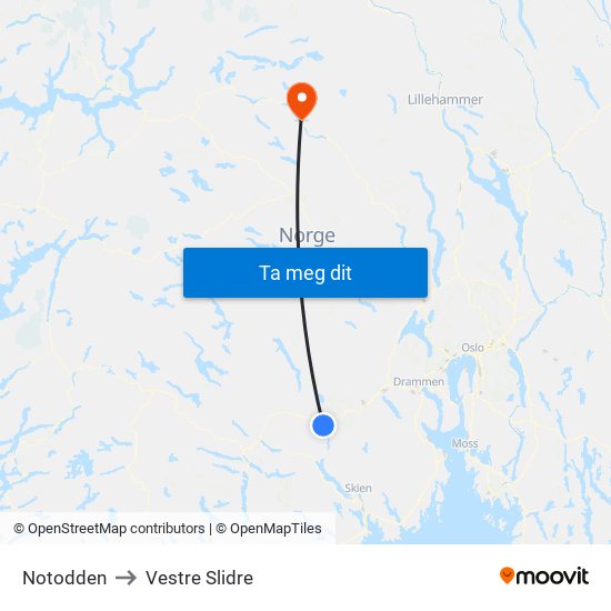 Notodden to Vestre Slidre map