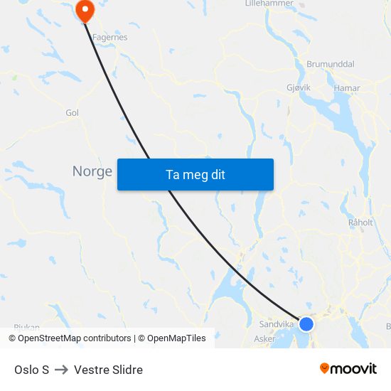 Oslo S to Vestre Slidre map
