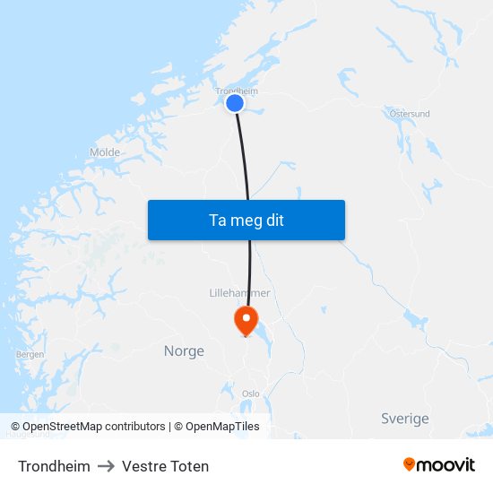 Trondheim to Vestre Toten map