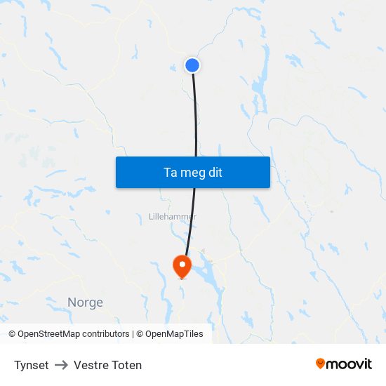 Tynset to Vestre Toten map