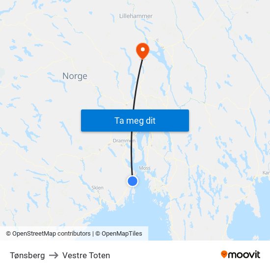 Tønsberg to Vestre Toten map
