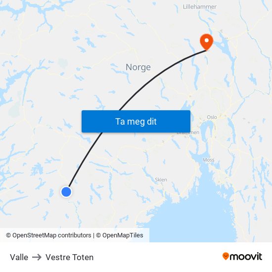Valle to Vestre Toten map