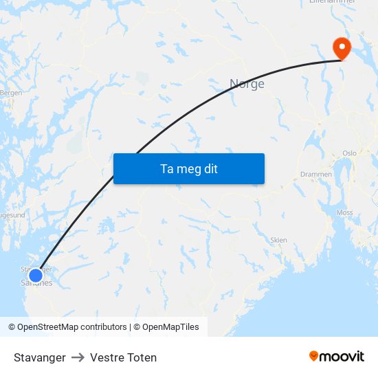 Stavanger to Vestre Toten map