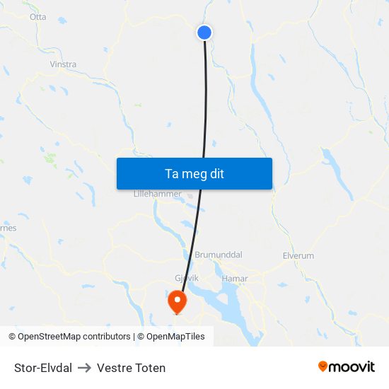 Stor-Elvdal to Vestre Toten map