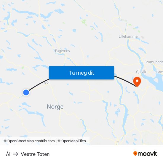 Ål to Vestre Toten map