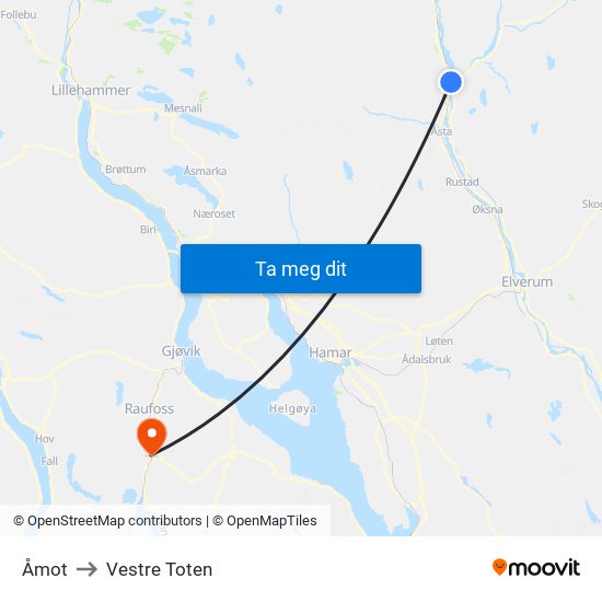 Åmot to Vestre Toten map