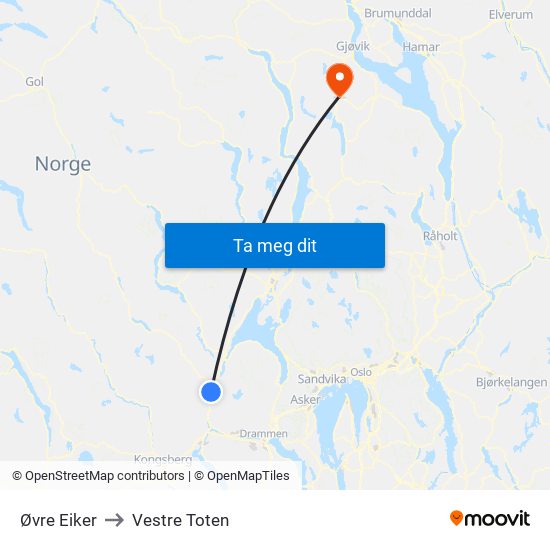 Øvre Eiker to Vestre Toten map