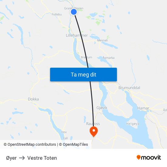 Øyer to Vestre Toten map