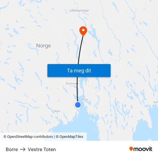 Borre to Vestre Toten map