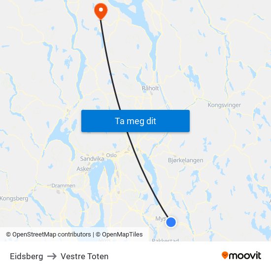 Eidsberg to Vestre Toten map