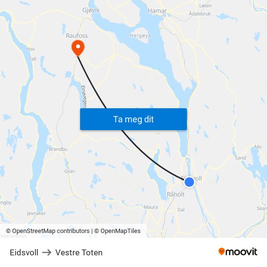Eidsvoll to Vestre Toten map