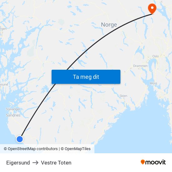 Eigersund to Vestre Toten map