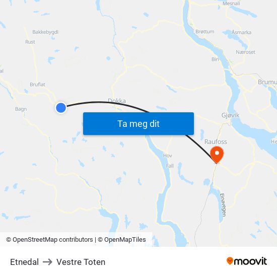 Etnedal to Vestre Toten map