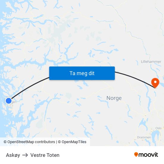 Askøy to Vestre Toten map
