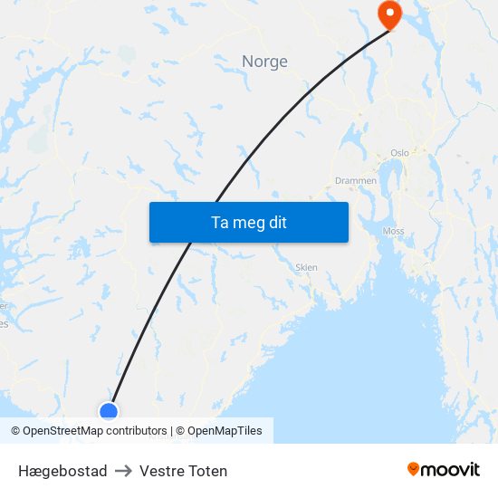 Hægebostad to Vestre Toten map