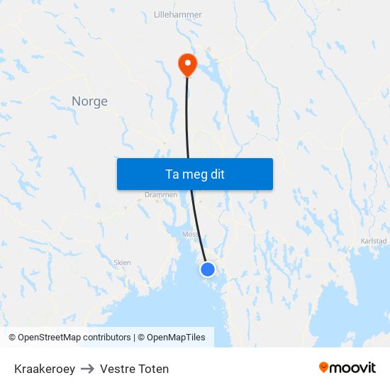Kraakeroey to Vestre Toten map