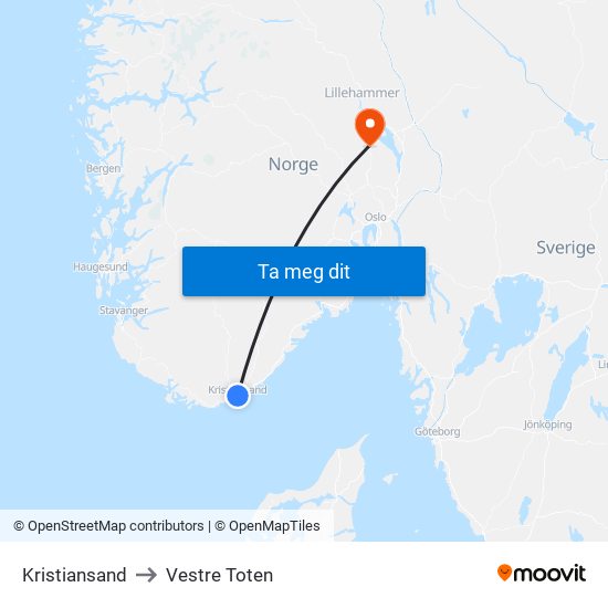 Kristiansand to Vestre Toten map