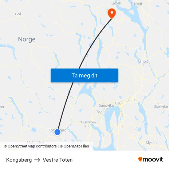 Kongsberg to Vestre Toten map