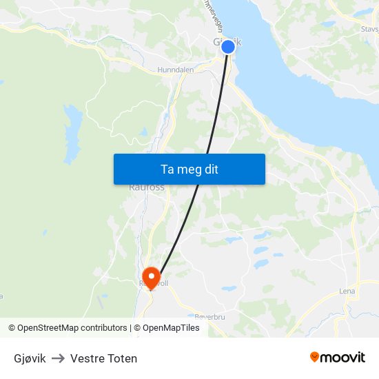 Gjøvik to Vestre Toten map