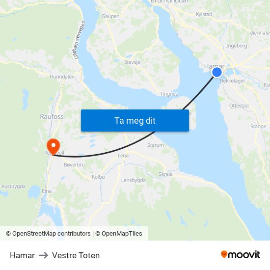 Hamar to Vestre Toten map