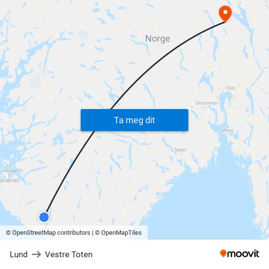 Lund to Vestre Toten map