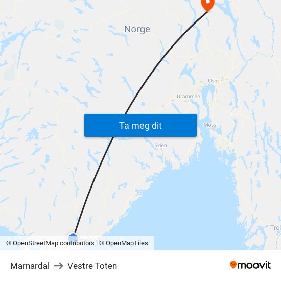 Marnardal to Vestre Toten map