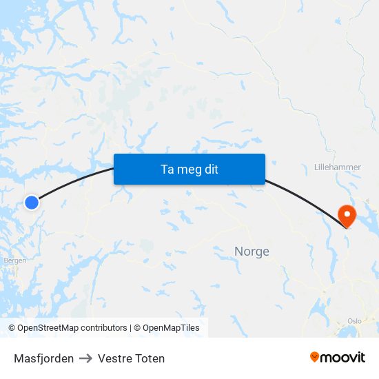 Masfjorden to Vestre Toten map
