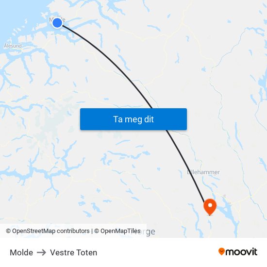 Molde to Vestre Toten map