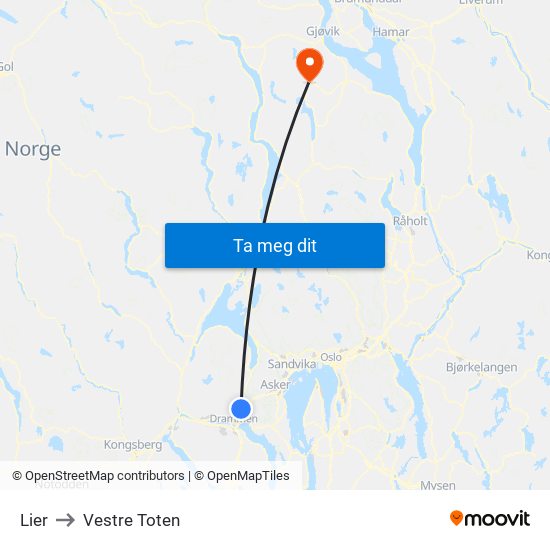 Lier to Vestre Toten map