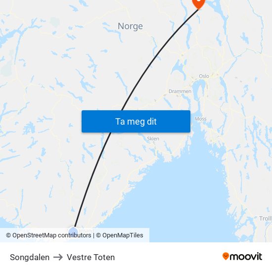 Songdalen to Vestre Toten map