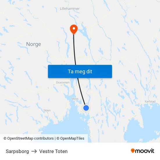 Sarpsborg to Vestre Toten map