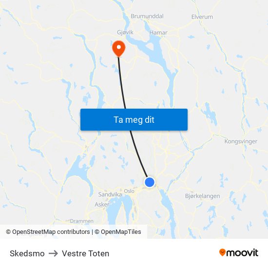 Skedsmo to Vestre Toten map