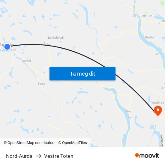 Nord-Aurdal to Vestre Toten map