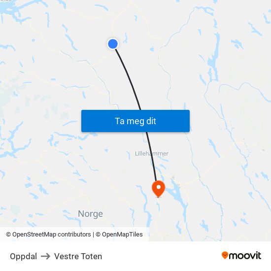 Oppdal to Vestre Toten map