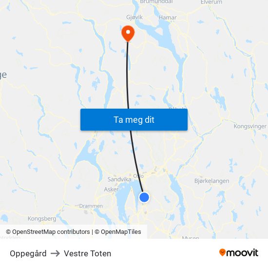 Oppegård to Vestre Toten map