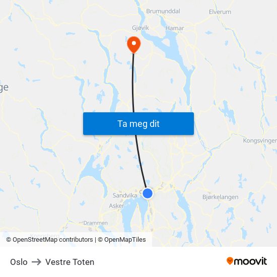 Oslo to Vestre Toten map