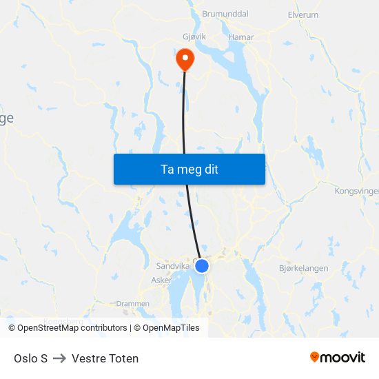 Oslo S to Vestre Toten map