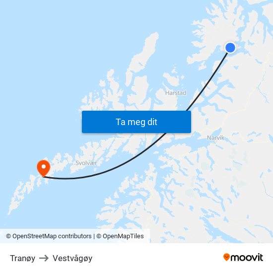 Tranøy to Vestvågøy map