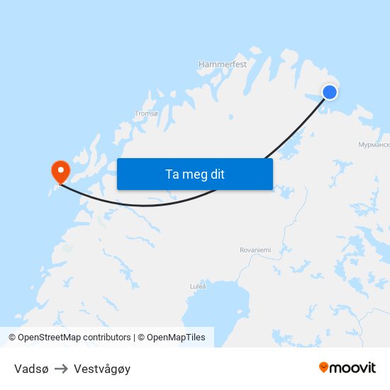 Vadsø to Vestvågøy map