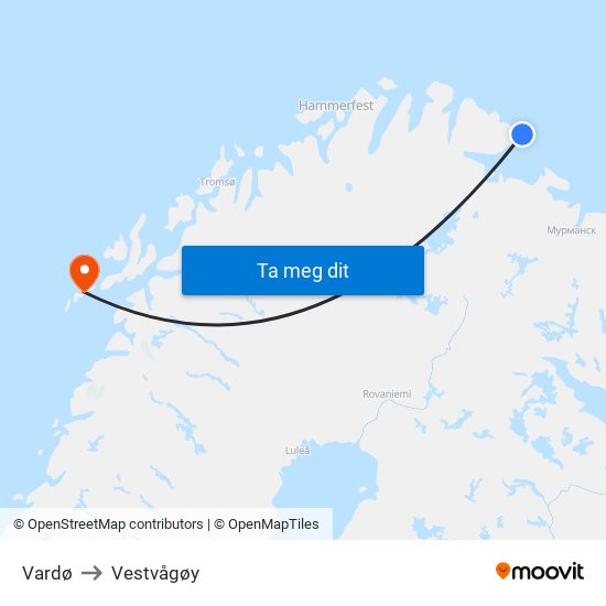 Vardø to Vestvågøy map
