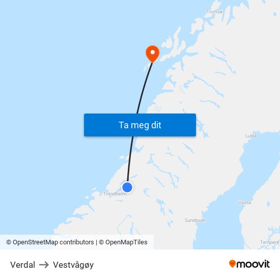 Verdal to Vestvågøy map