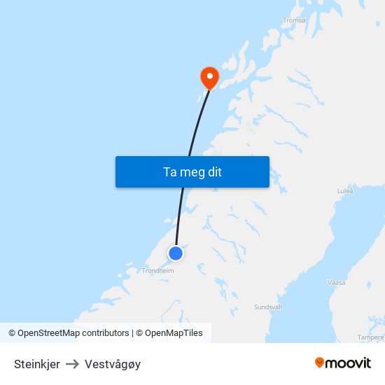 Steinkjer to Vestvågøy map