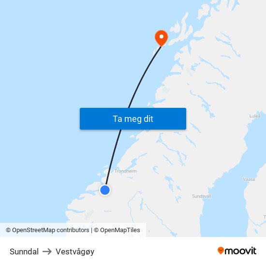 Sunndal to Vestvågøy map